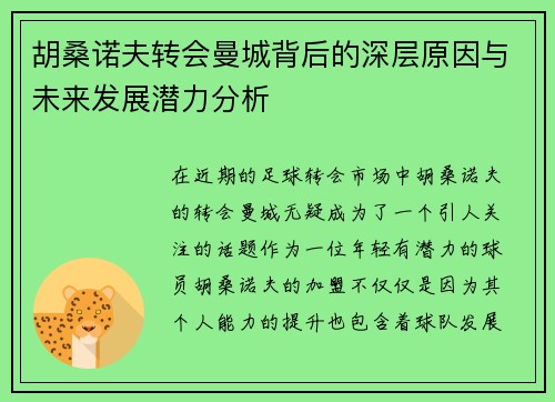 胡桑诺夫转会曼城背后的深层原因与未来发展潜力分析